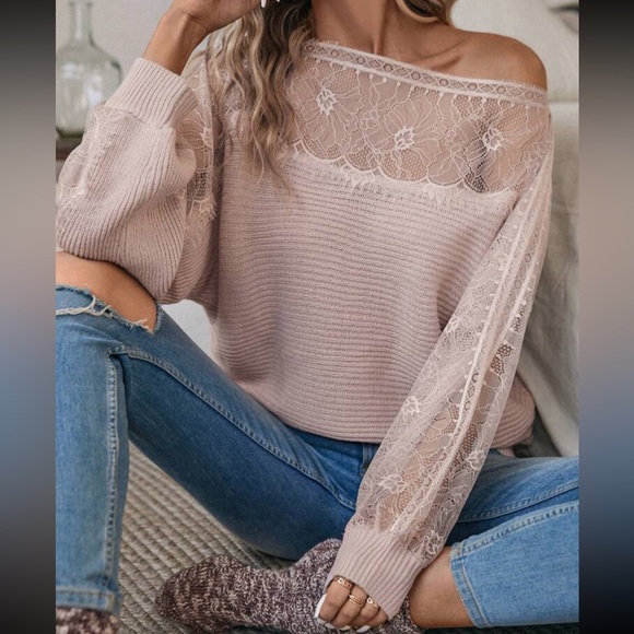 Comfy Elegant Sheer Mesh Lace Boat Neck Batwing Sleeve Sweater Top - Picture 7 of 7